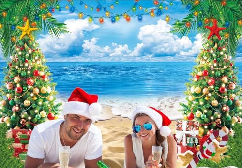 July Christmas Backdrop for Photography 7x5FT Summer Beach Christmas Tree Decorations Background Tropical Hawaiian Xmas Party Supplies Photo Props - size: 7x5FT