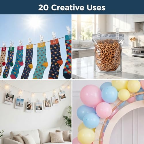 20 Pack Clear Plastic Clips - Multi-Purpose Spring Clamps for Laundry Clothespins, Balloon Arch Decoration, Photo Backdrop, Home Office - 2.4" Transparent Grip Clips