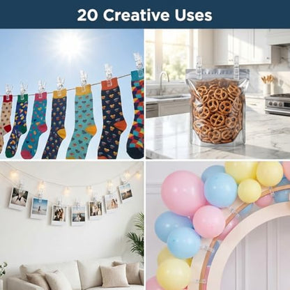 20 Pack Clear Plastic Clips - Multi-Purpose Spring Clamps for Laundry Clothespins, Balloon Arch Decoration, Photo Backdrop, Home Office - 2.4" Transparent Grip Clips