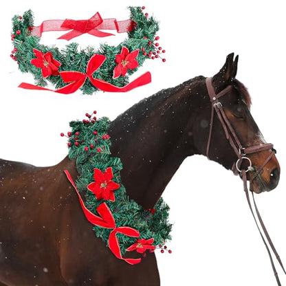 Dingion Christmas Wreath Horse Christmas Horses Neck Garland 16.9 Inches Artificial Outdoor Garland Horse Costume Rustic Farmhouse Decor for Xmas Holiday Party Parades Supplies(Berry Poinsettia Style) - style: Berry Poinsettia Style