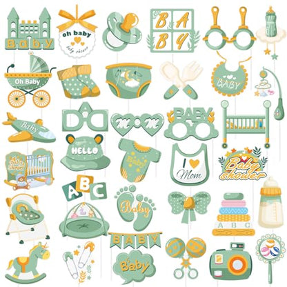 SUNBEAUTY 36 PCS Sage Green Baby Shower Photo Booth Props - Neutral Greenery Oh Baby Decorations - color: Sage Green Baby Shower