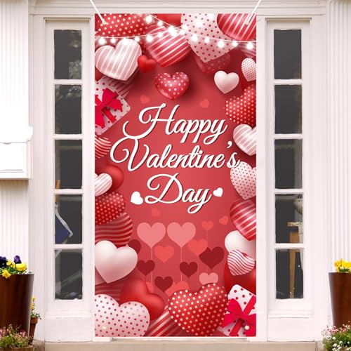 73 x 36 Inch Happy Valentine’s Day Banner Door Cover, Red Heart and Gift Box Themed Porch Sign, Large Front Door Wall Backdrop for Indoor Outdoor Romantic Party Decorations and Photo Booth Props