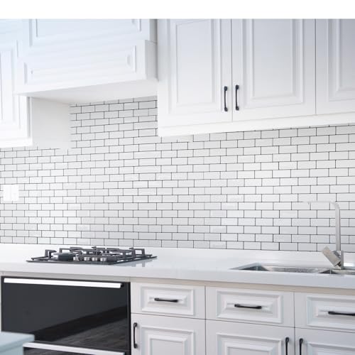 Art3d 10-Sheet Peel and Stick Backsplash Tile for Kitchen - 12”×12” Stick on Wall Tile for Kitchen Bathroom Countertop Living Room, Warm White with Black Grout - color: Warm White With Black Grout