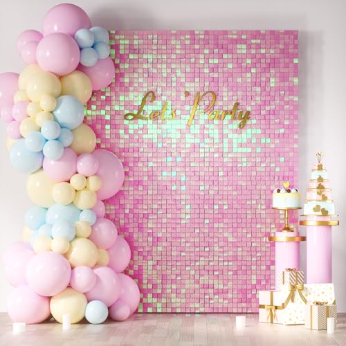 COKAOBE Iridescent Pink Shimmer Wall Backdrop, 24PCS Square Sequin Shimmer Backdrop Panel, Photo Backdrops for Birthday, Anniversary, Wedding, Graduation & Bachelorette Party Decoration - color: Iridescent Pink, size: 24pcs (6x4ft)