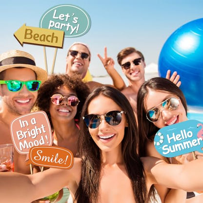 33 Pcs Hello Summer Photo Props Kit, Hawaii Luau Tropical Tiki Beach Summer Pool Men Women Girl Boy Kids Teens Cutouts Birthday Party Celebration Decorations Photography Props