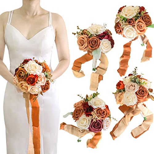 Lookein Set of 4 Bridesmaid Bouquet for Wedding 7 Inch Artificial Flowers Bouquet Wedding Bouquet Bridal Bouquet Tossing Bouquet for Wedding Ceremony Anniversary Bridal Shower, Chic Terracotta - color: 7" Chic Terracotta