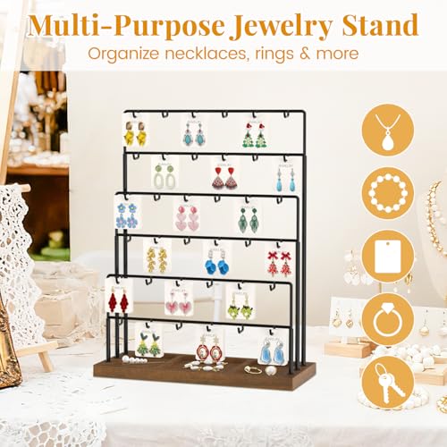 EsLuker.ly Earring Card Display Stand for Vendors Events Selling, Earring Holder Rack Metal 6 Tier 36 Hooks with Wooden Base, Large Capacity Showcase Your Jewelry at Any Event, Black - color: Dark Brown+Black