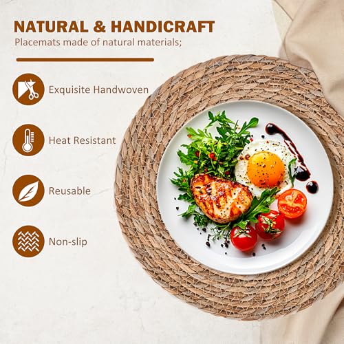 GENMOUS Woven Placemats Set of 10, 13" Round Placemats Natural Water Hyacinth Boho Placemats,Farmhouse Rattan Chargers for Dinner Plates,Rustic Braided Wicker Table Mats for Thanksgiving,Home,Wedding - size: 13inch, Set of 10