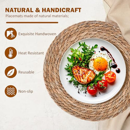 GENMOUS Woven Placemats Set of 10, 13" Round Placemats Natural Water Hyacinth Boho Placemats,Farmhouse Rattan Chargers for Dinner Plates,Rustic Braided Wicker Table Mats for Thanksgiving,Home,Wedding - size: 13inch, Set of 10