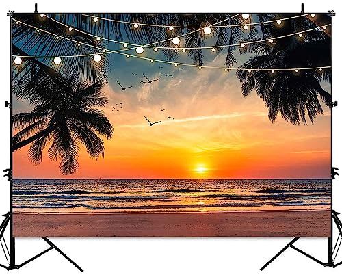 Sensfun Sea Beach Sunset Backdrop Hawaii Tropical Palm Trees Luau Party Photography Background Summer Seaside Vacation Wedding Birthday Baby Shower Party Decorations Banner Photo Booth Props 10x7ft - size: 10x7ft