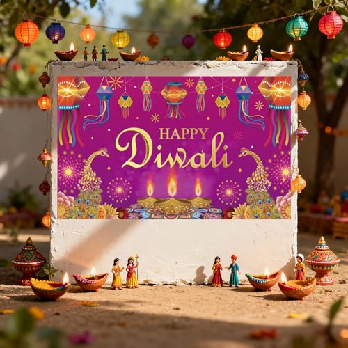 KYMY Happy Diwali Backdrop Decorations, India Festival Diwali Banner 70.9X43.3inch, Polyester Durable Festival of Lights Rangoli Photography Background for Indian Holiday Party Supplies Decor - color: Lt.Purple