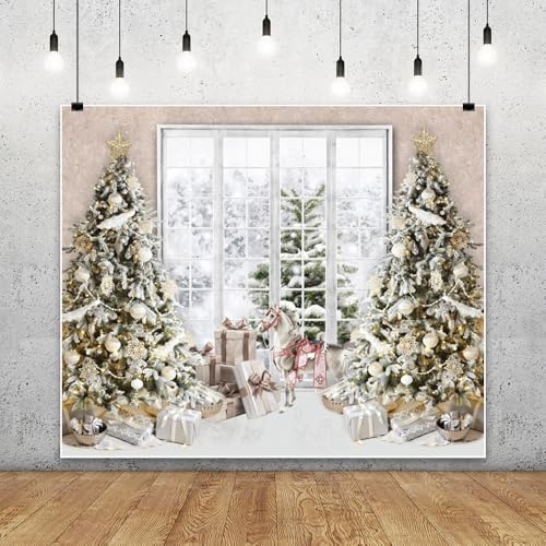 Christmas Window Backdrop Snow Forest Big Snow Photography Background White Xmas Tree Horse Decor Birthday Baby Shower Party Banner Festival Photo Studio Props Supplies 9 * 6ft - color: White, size: 9x6ft