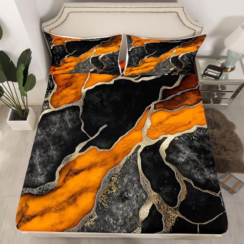Erosebridal Black Orange Marble Queen Sheets for Women Men Adults - Marble Minimalist Design Bed Sets Abstract Metallic Texture Sheets Marbling Crack Flat Fitted Sheet - color: Black Orange, size: Queen