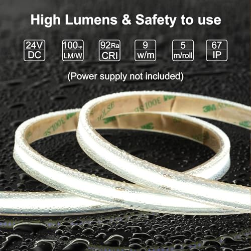 LLTOP COB LED Strip Lights Waterproof IP67 DC24v Daylight White 6000K 16.4ft/5m High CRI 92Ra+ Outdoor LED Tape Lighting DIY Cuttable for Bedroom Kitchen Cabinet Shelf (Power Supply Not Included) - color: Daylight White 6000K (power supply not included)