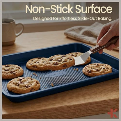 BAKKEN Kitchen Baking Pan - Small, Medium, and Large Cookie Sheet (13.58×9.65, 15.75×11, 17.91×12.60), Nonstick, Diamond Texture Bottom, PFOA, PFOS, PTFE Free, Oven Safe Tray (450°F), Pack of 3, Blue - color: Blue, size: Pack of 3