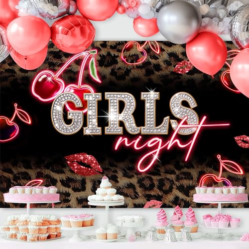 Girls Night Leopard Print Backdrop 5Wx3H Feet Fabric Polyester Neon Red Cherry Lips Birthday Cheetah Fashion Vintage Pretty Woman Girly Photography Background Banner Photo Shoot Decor Prop - color: A-01leopard cherry, size: 5Wx3H