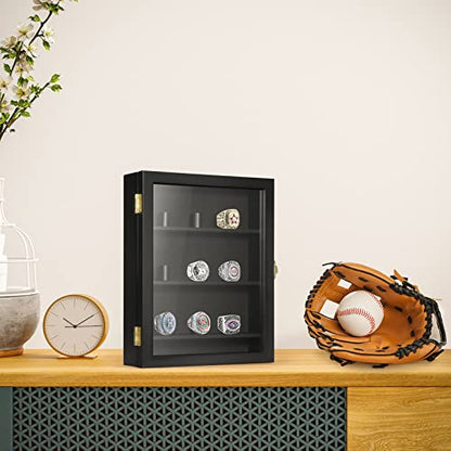 TJ.MOREE Championship Ring Display Case, 9 Posts Baseball & MoreDisplay Case, 8x10 Wall Mount Wooden Glass Shadow Box with Locks - Black - color: 9 Posts-black-rectangle