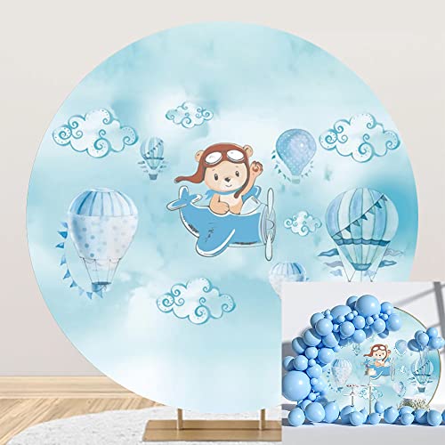 7.2x7.2ft Polyester Hot Air Balloon Round Backdrop Cover Oh The Places You'Ll Go Baby Adventure Photography Background for Kids 1st Birthday Party Decor Bear Plane Cartoon Themed Birthday Props - color: Blue03, size: 7.2x7.2ft-Diameter