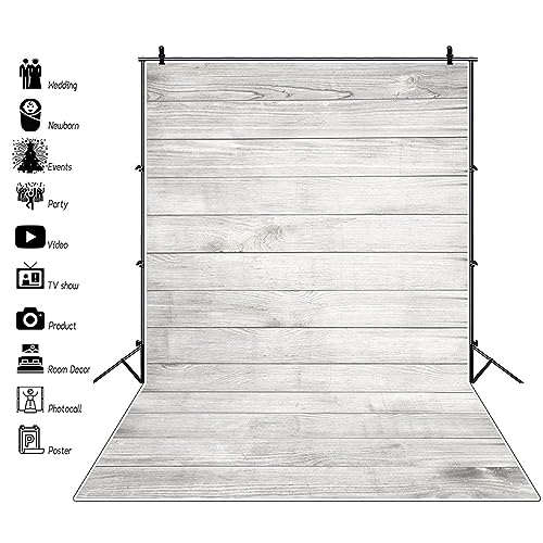 AOFOTO 5x7ft White Wood Backdrop for Photography Grey Wood Grain Board Hardwood Plank Back Drop Vintage Wooden Wall Floor Background Kid Newborn Baby Shower Birthday Adult Portrait Photo Studio Props - size: 5x7ft