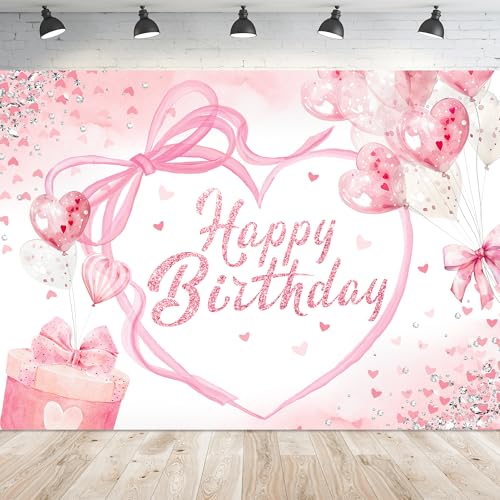 NEWsely Pink Bow Birthday Party Decorations Backdrop 7Wx5H Photography Coquette Birthday Decorations for Girl Happy Birthday Backdrop for Women Bachelorette Party Banner Photo Booth Props Supplies - color: D-pink bow, size: 7Wx5H