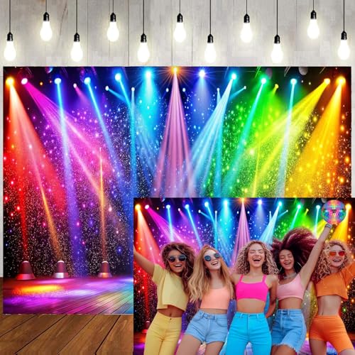7x5ft Fabric Disco Rainbow Stage 70s 80s 90s Backdrop Vintage Lights Photography Background Rock Music Club Neon Glow Party Decorations Photo Banner 312 - size: 7x5ft