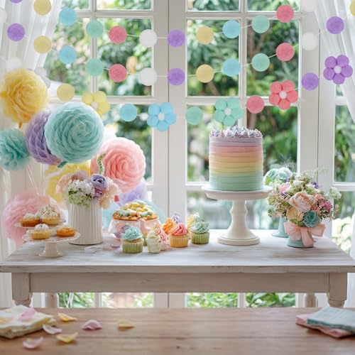 Tatuo 3 Pcs Spring 3D Pompom Ball Garland Pastel Daisy Sunflower Garlands Felt Floral Banner Hanging Flower Pastel Decor for Easter Holiday Birthday Party Boho Home Prop Photo(Floral,Multicolor) - color: Multi Color, style: Floral