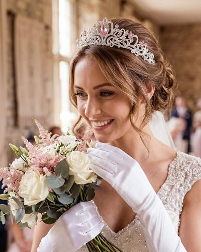 Princess Tiara Crown with Satin Gloves Set Crystal Headpiece for Graduation Prom and Party Photo Props - color: Silver Pink Diamond, style: A