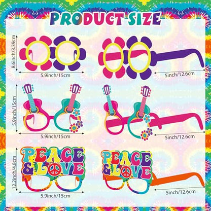 Pajean 36 Pcs 60s Party Decorations 60's Photo Booth Prop 60 Hippie Themed Eyeglasses Paper Glasses Frame Tie Dye Groovy Peace Love Themed Favor for 60's Hippie Birthday Party Favor Supplies - style: Hippie