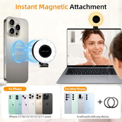 Magnetic Selfie Light for iPhone with Mirror Foldable Magnetic Fill Light with Sticky Ring for Android Rechargeable Portable Phone Ring Lights for Selfies, Video, Makeup, Vlog, Tiktok, CRI95