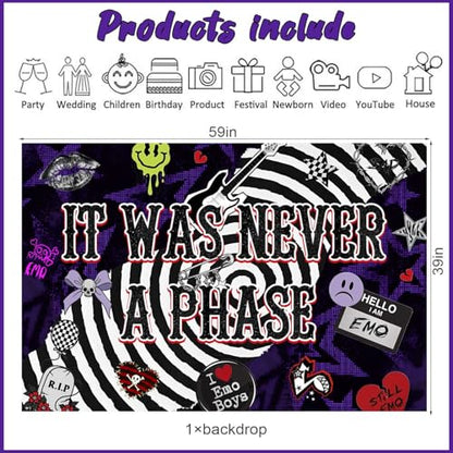 Emo Theme Birthday Party Backdrop 5x3FT, “It was Never A Phase” Banner, Goth Punk Rock Grunge Aesthetic Background Photo Props Wall Decorations for Sad Girl Teen Adult