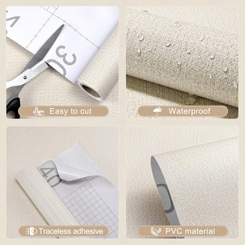 Peel and Stick Grasscloth Wallpaper Texture 17.3 x 80 Inch Cream Faux Linen Contact Paper Self Adhesive Removable Vinyl Wall Paper for Bedroom Cabinets Shelf Liners Waterproof Easy Clean - color: Cream, size: 17.3" x 80"