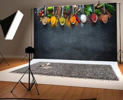 15x8ft Condiment Spice Backdrop Scoop Colorful Condiment Seasoning Food Cooking Material Black Plate Photography Background Party Conference Cuisine Video Studio Photo Props Polyester - size: 15x8ft-polyester