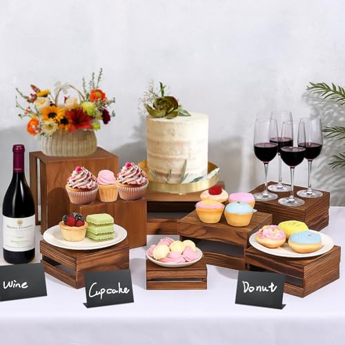 8PCS Wooden Buffet Risers and Stands with Reusable Table Signs, stackable Cube Rustic Wood Food Risers for Buffet Display, Cupcake Holder, Cupcake Stand, Dessert Table Display Set, 8PCS