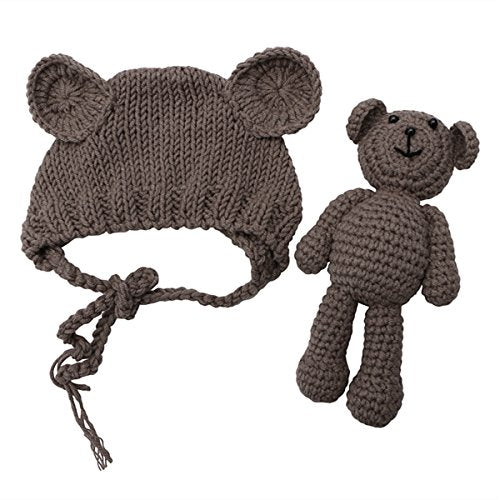 ECYC Newborn Baby Bear Hat Beanie with Bear Dolls Photography Accessories,Brown - color: Brown