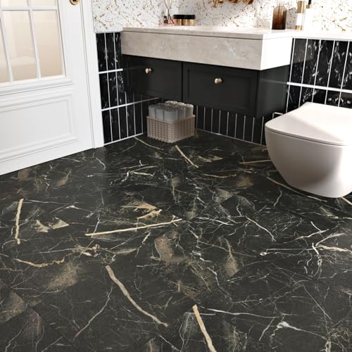 Matte Black Marble Peel and Stick Floor Tile Waterproof Vinyl Sheet Flooring for Bathroom Marble Black Flooring Tile 5PCS Self Adhesive Laminate Stick on Floor Tiles Sticky Panels for Kitchen 12x12 IN - color: Black/Yellow, size: 5 Tiles
