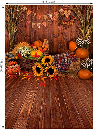 5X7FT Fall Thanksgiving Wooden Floor Barn Autumn Pumpkins Maple Leaves Sunflower Baby Portrait Party Halloween Decoration Vinyl Photography Backdrop Photo Booth Background Studio Prop TP295 - size: 5'x7'