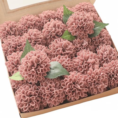 Floroom Artificial Dahlia Flowers 25pcs Real Looking Dusty Rose Foam Fake Roses with Stems for DIY Wedding Bouquets Bridal Shower Centerpieces Floral Arrangements Party Tables Home Decoration - color: Dusty Rose