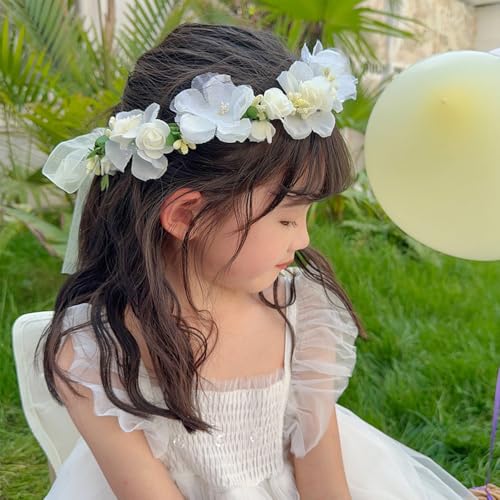 Adjustable Flower Crown Headband for Women - Floral Garland Hair Wreath with Crystal Accents Perfect for Weddings Flower Wands Photo Props (White Flower Green, Adjustable) - color: White Flower Green