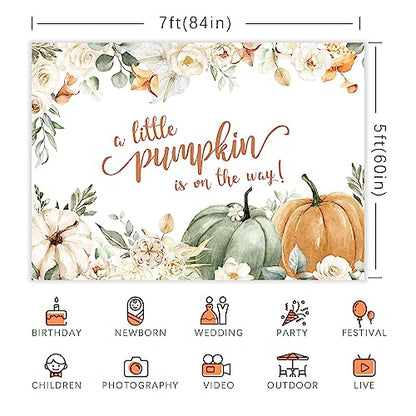 Little Pumpkin Baby Shower Backdrop Fall Autumn White Floral Leaves Photography Background Kids Girls Newborn Baby Shower Party Party Decorations Supplies Banner Photo Studio Booth Props 7x5ft