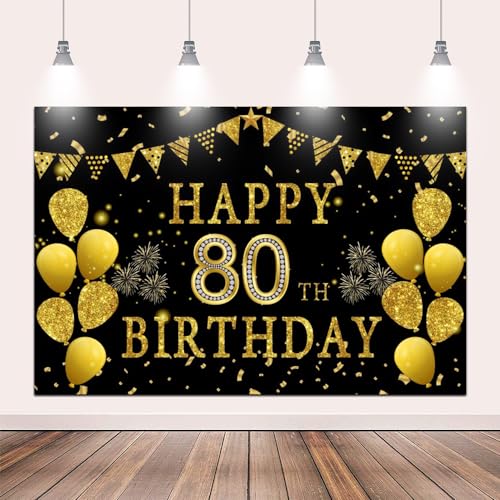 5x3ft Happy 80th Birthday Party Photography Backdrop, Glitter Black and Gold Balloons Background for Woman Man Fabulous 80 Bday Shining Diamond Eighty Years Old Birthday Party Supplies - color: 80th, size: 5x3ft