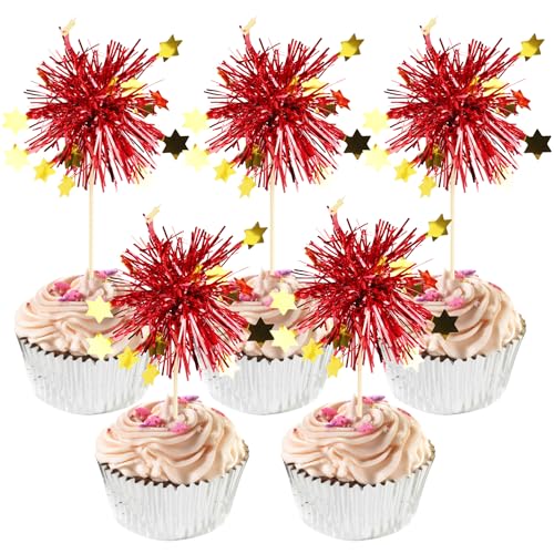 30 PCS Foil Firework Cupcake Toppers Happy Birthday Star Cupcake Picks Sparkle Tinsel Drink Stirrers Cocktail Fruit Toothpicks for Valentine's Day Wedding Birthday Party Decorations Supplies Red - color: B-red