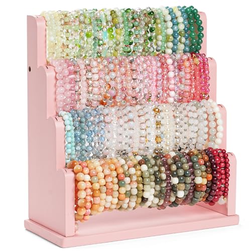 Emfogo Bracelet Holder, 4 Tier Bracelet Organizer Storage for Bracelets Bangles Watch Scrunchies, Rustic Wood Jewelry Organizer Display for Home, Vendors, Craft Shows and Store(Pink) - color: Pink