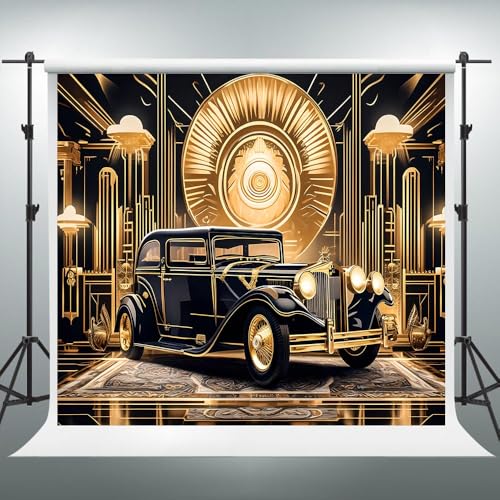 Roaring 20s Background 8x8ft Black Gold Retro Texture Background for 20's Prom Party Decor Portrait Photo Shoot 1920s Vintage Car Backdrop Photography Studio Set Props - size: 8x8FT