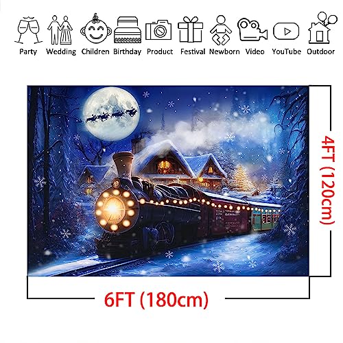 Mocsicka Christmas Train Backdrop for Photography Winter Train Xmas Snow Night Railway Party Background Wonderland Snowflake Portrait Photo Studio Props (6x4ft) - size: 6x4ft
