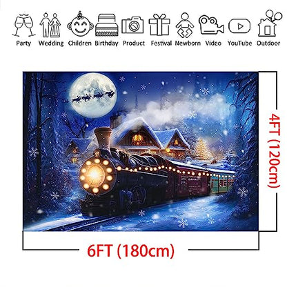 Mocsicka Christmas Train Backdrop for Photography Winter Train Xmas Snow Night Railway Party Background Wonderland Snowflake Portrait Photo Studio Props (6x4ft) - size: 6x4ft