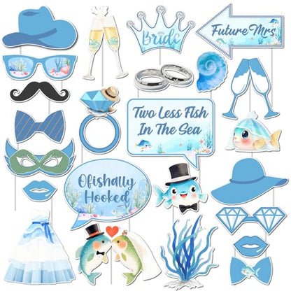 Fishing Bridal Shower Decor Photo Booth Props 24pcs for Woman Two Less Fish In The Sea Selfie Prop Gone Fishing Fish Fisherman Ocean Sea Ofishally Hooked Bachelorette Engagement Wedding Party Supplies