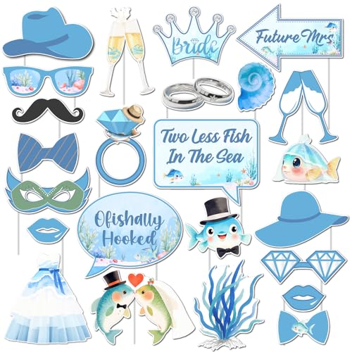 Fishing Bridal Shower Decor Photo Booth Props 24pcs for Woman Two Less Fish In The Sea Selfie Prop Gone Fishing Fish Fisherman Ocean Sea Ofishally Hooked Bachelorette Engagement Wedding Party Supplies