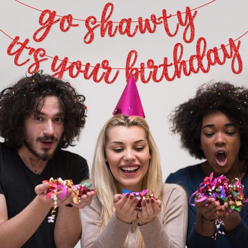 Go Shawty It's Your Birthday Banner, Hip Hop Birthday Party Decorations Supplies, Rap Theme Bday Bunting Sign, Pre-strung, Photo Props (Red) - color: Red