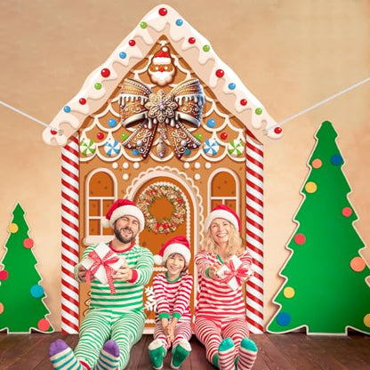 Panelee Large Christmas Gingerbread House Decorations, Gingerbread House Backdrop Photo Prop, 8 x 6 ft Fabric Xmas Candy Backdrop Decor for Holiday Party Decor - style: Gingerbread House