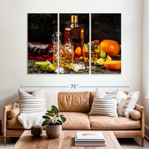 ElephantStock - Citrus Whiskey And Cigar Wall Art - Horizontal Multi Panel Canvas - 3 Piece Living Room Wall Decor - Photography Food And Drink Multi Piece Wall Art - Brown And Gray Decor - 65" x 42" - size: 65L" x 42W"